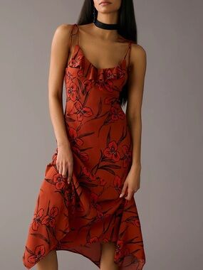 Anthropologie V-Neck Ruffle Floral Slip Bias Cut Dress Red Rust Asymmetrical XS